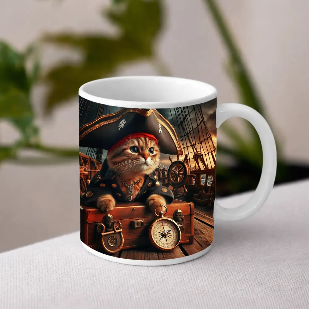 Pirate Cat on Ship Deck Treasure Chest – Mugs