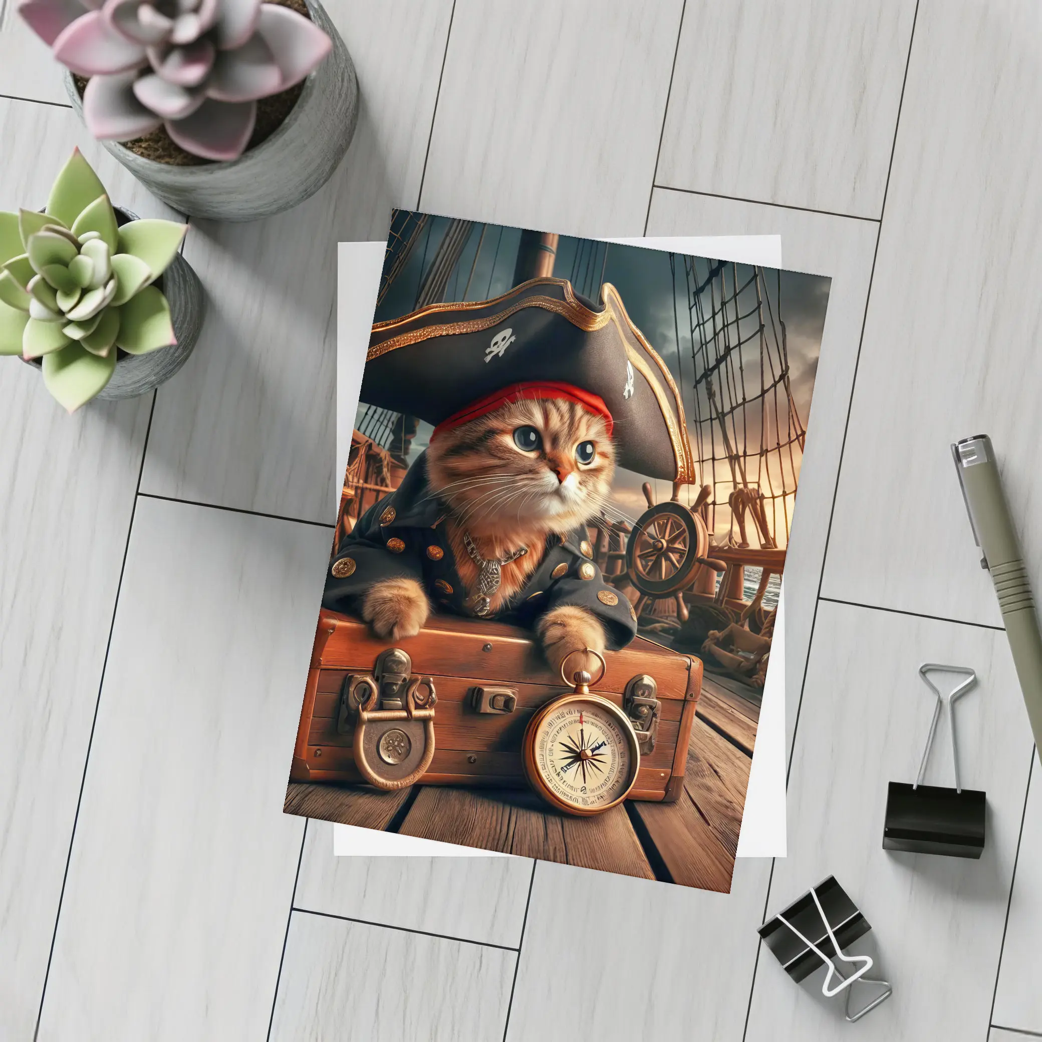 Pirate Cat on Ship Deck Treasure Chest – Postcards