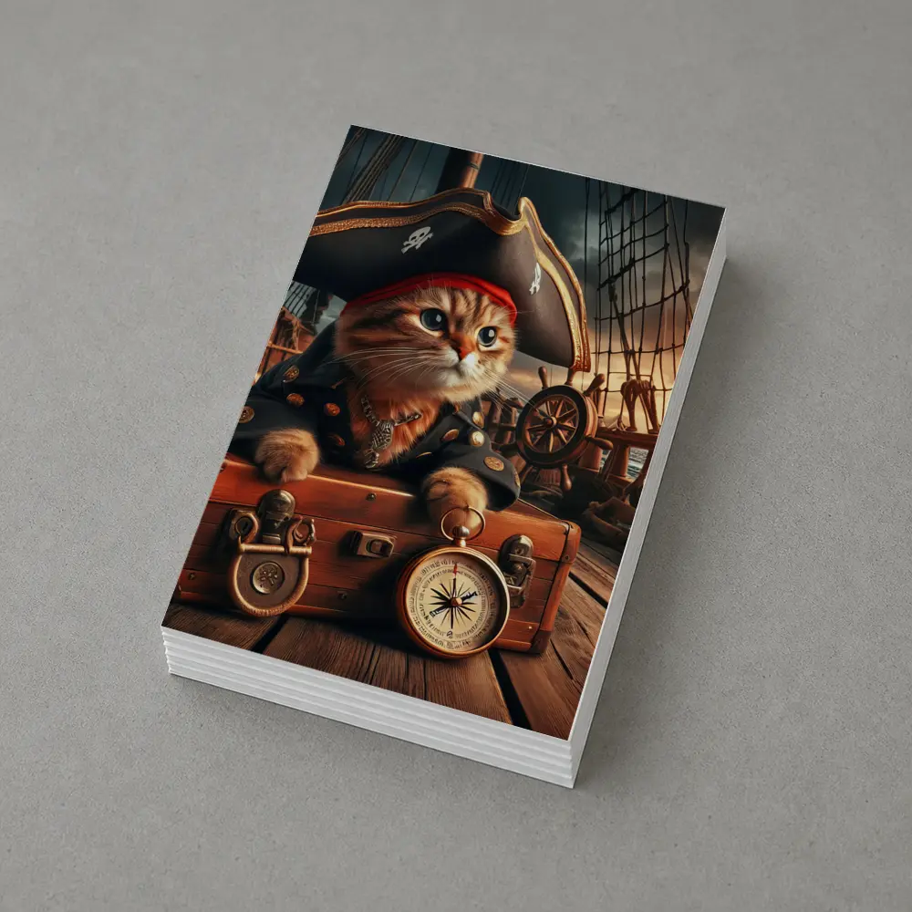 Pirate Cat on Ship Deck Treasure Chest – Postcards