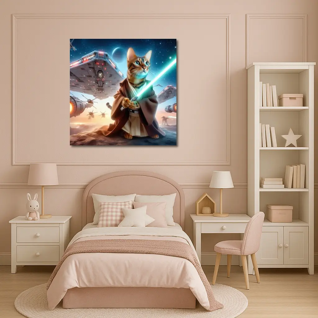 Jedi Cat Lightsaber Space Battle Scene – Wall Art