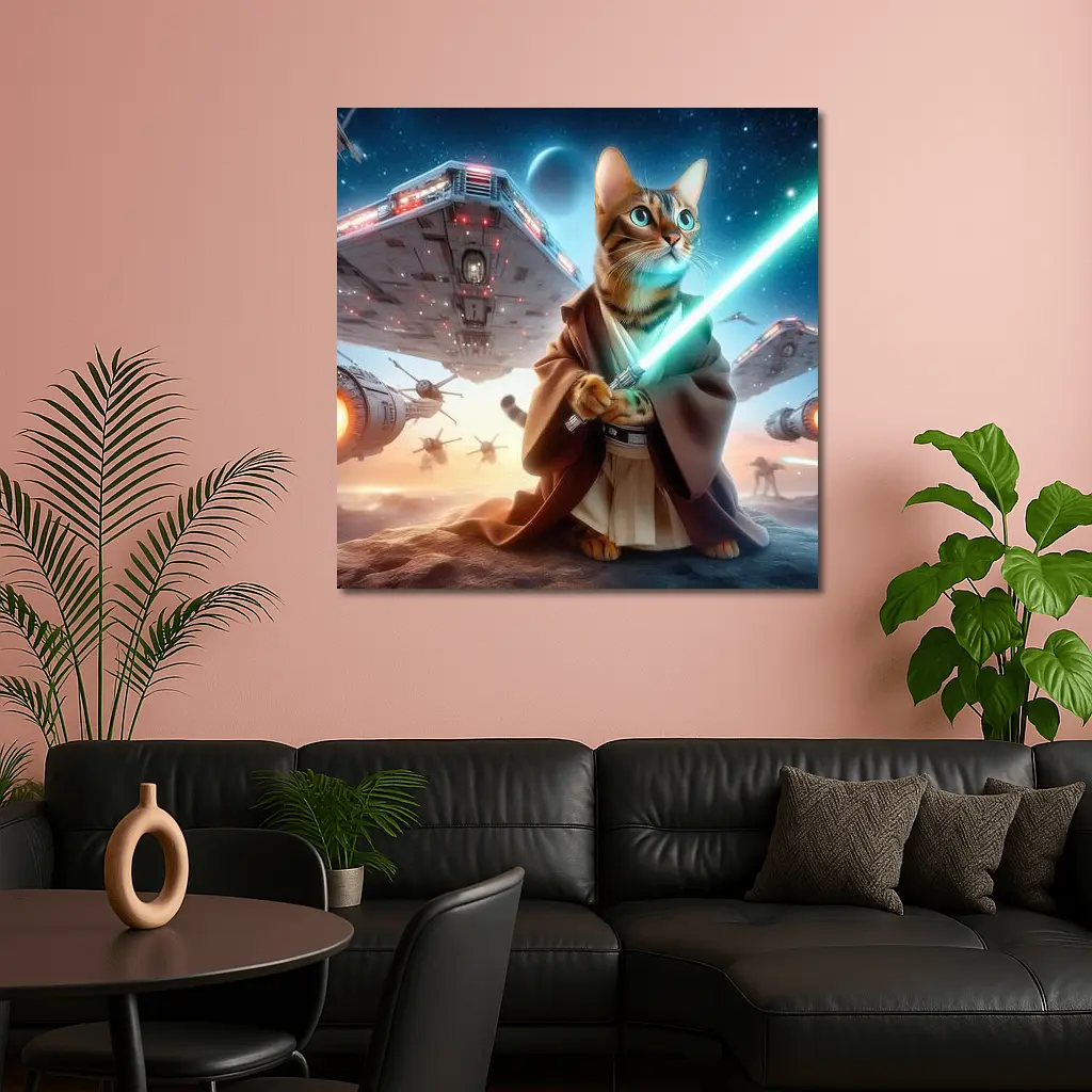 Jedi Cat Lightsaber Space Battle Scene – Wall Art