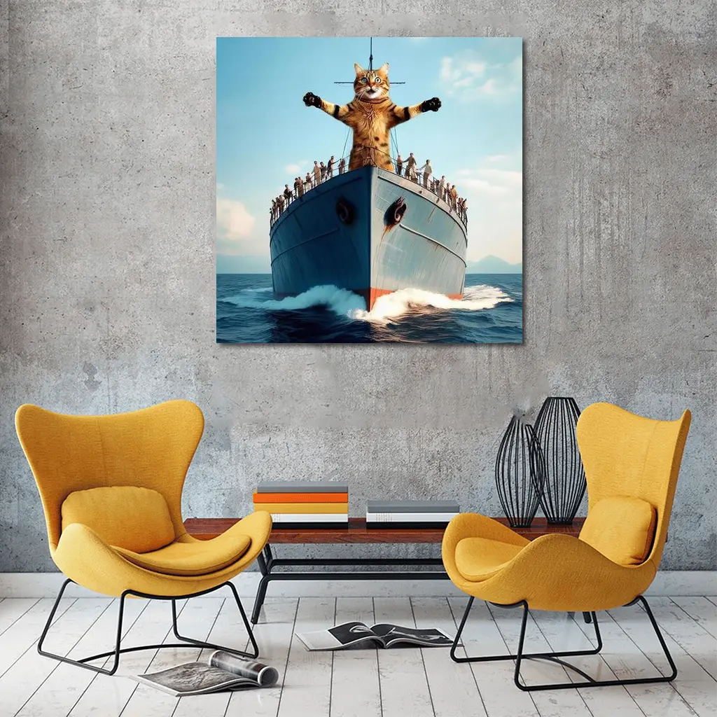 Giant Cat Posing on Ship Bow Ocean – Wall Art