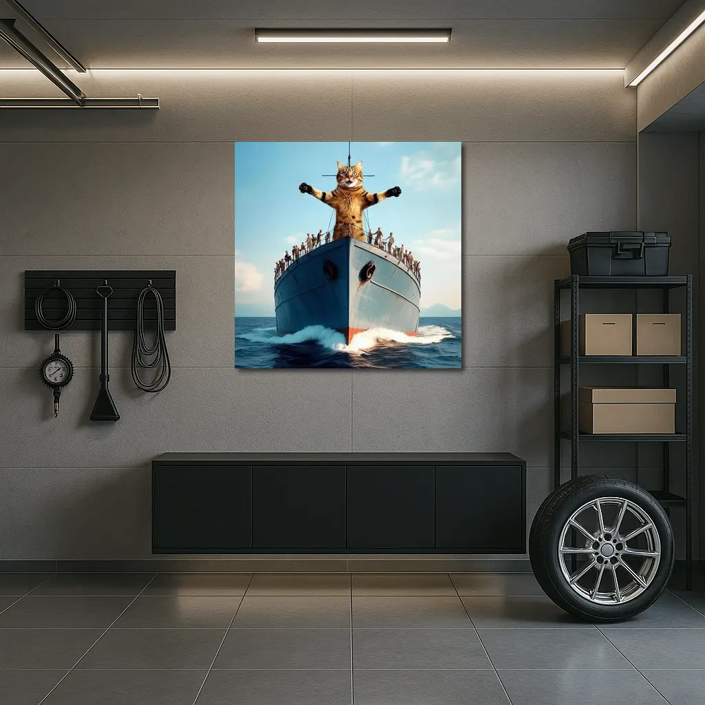 Giant Cat Posing on Ship Bow Ocean – Wall Art