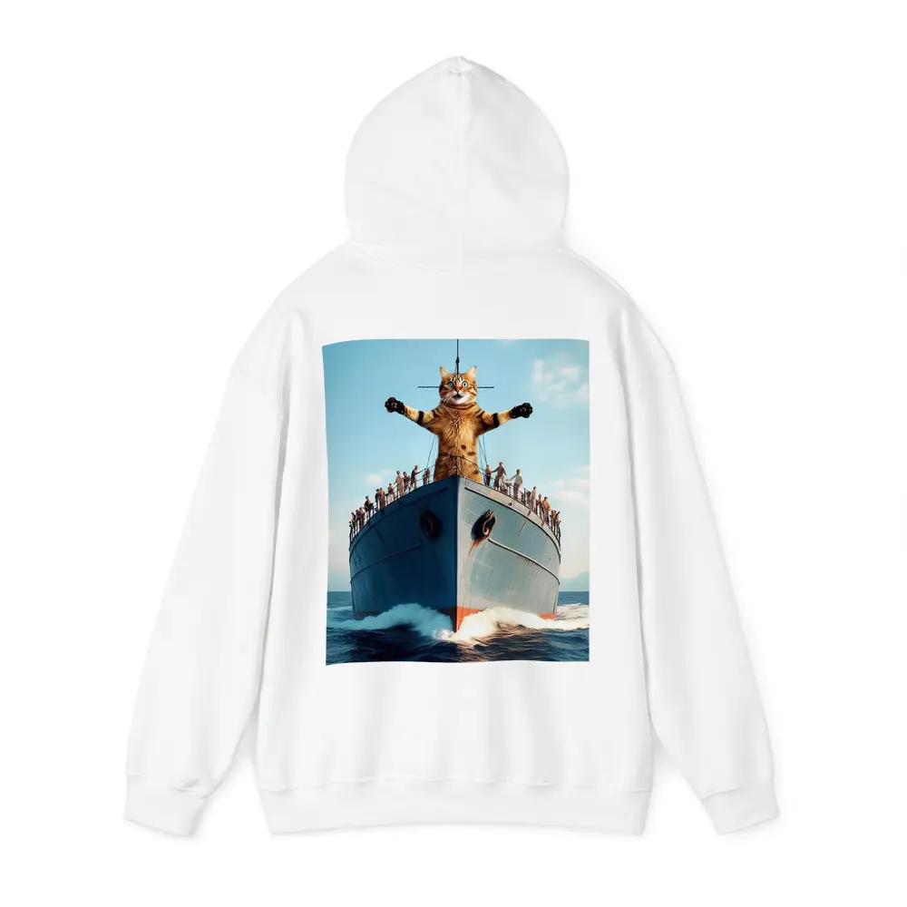 Giant Cat Posing on Ship Bow Ocean – Hoodies
