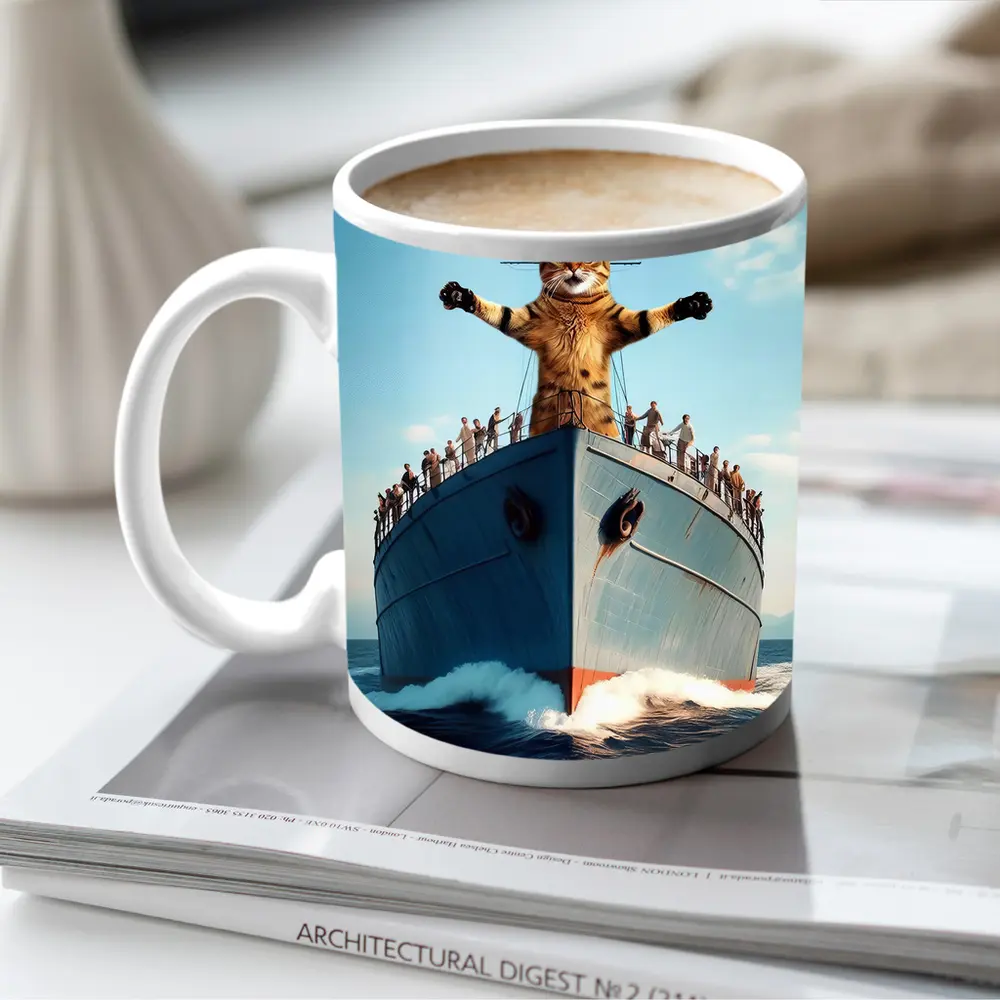 Giant Cat Posing on Ship Bow Ocean – Mugs