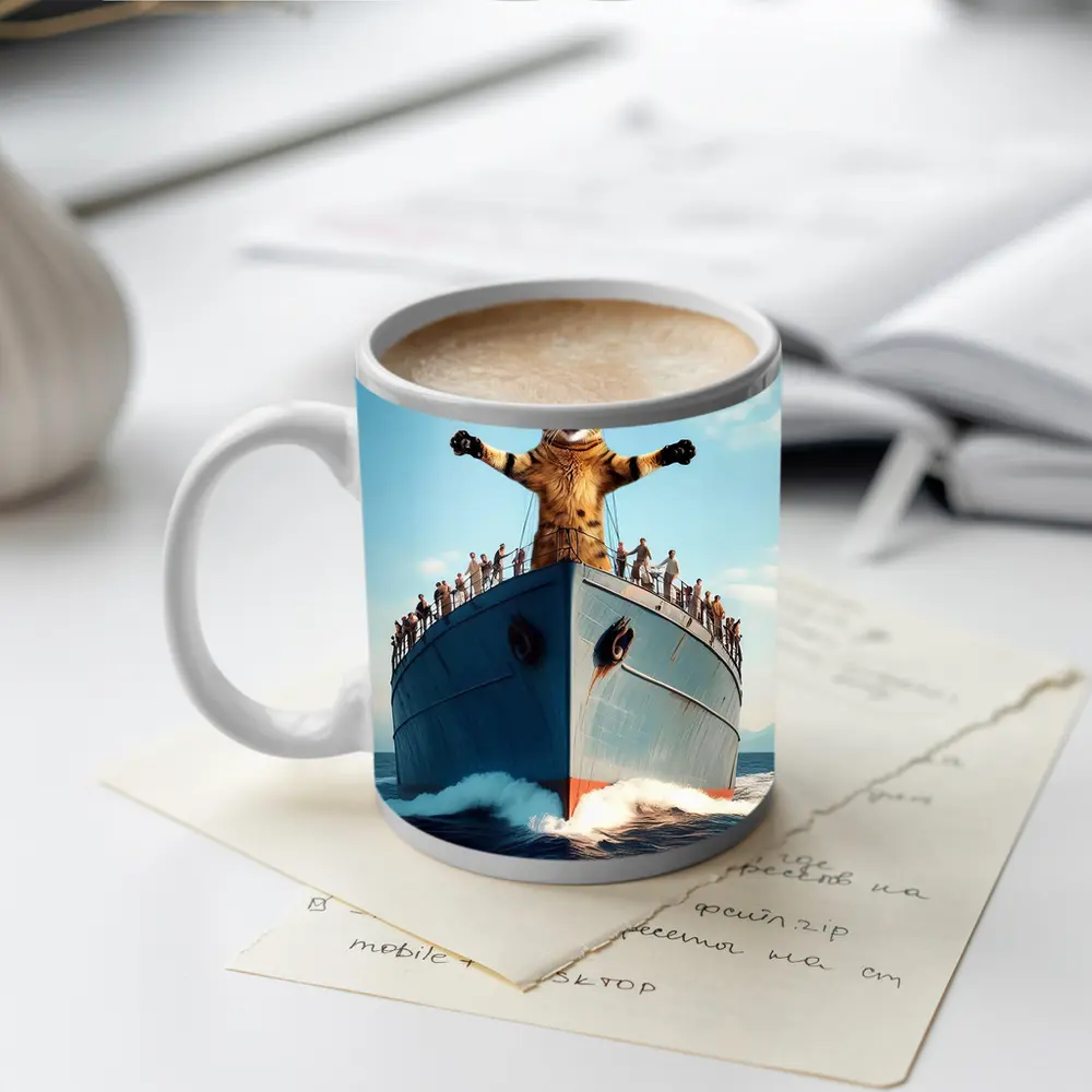 Giant Cat Posing on Ship Bow Ocean – Mugs