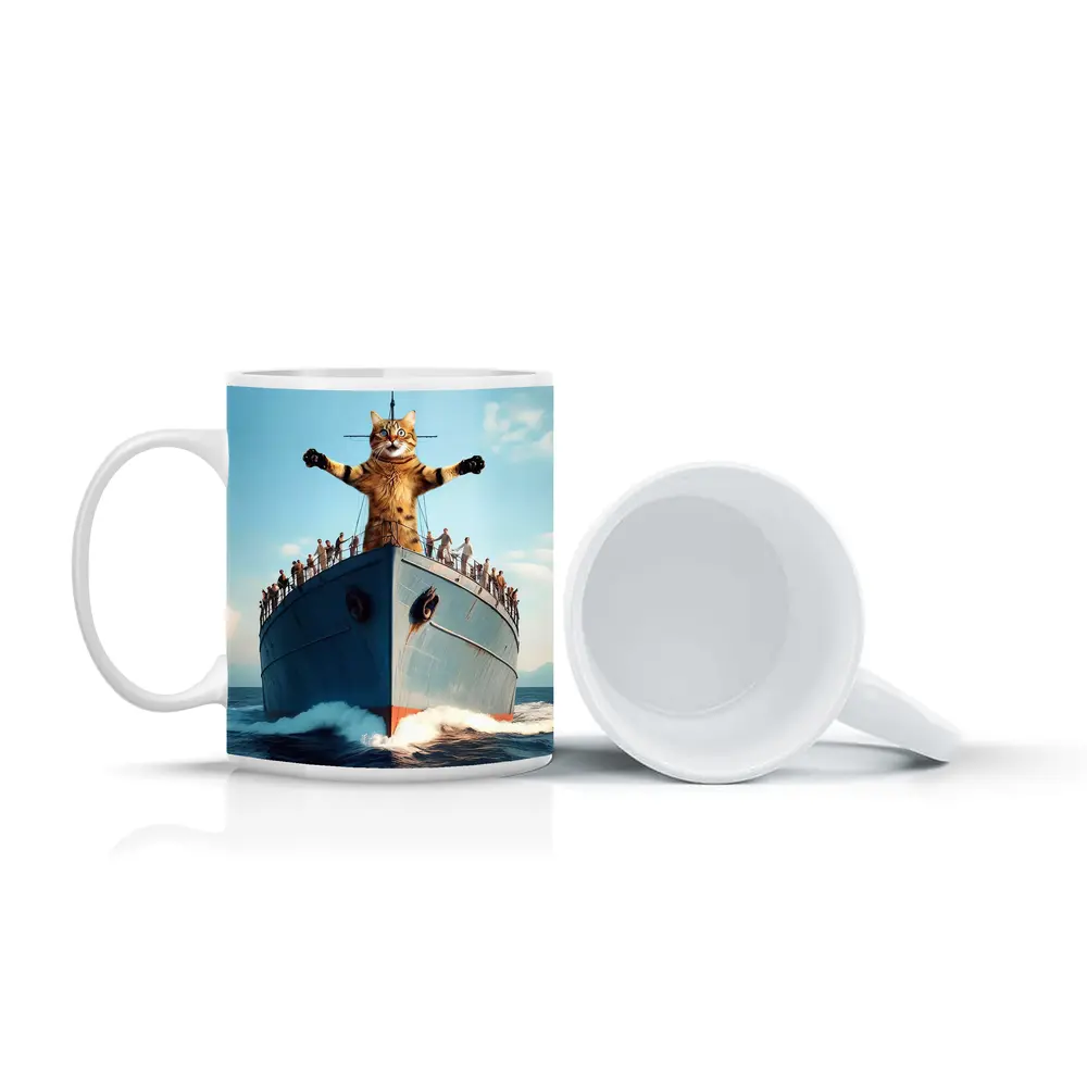 Giant Cat Posing on Ship Bow Ocean – Mugs