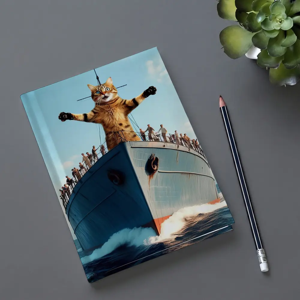 Giant Cat Posing on Ship Bow Ocean – Notebooks