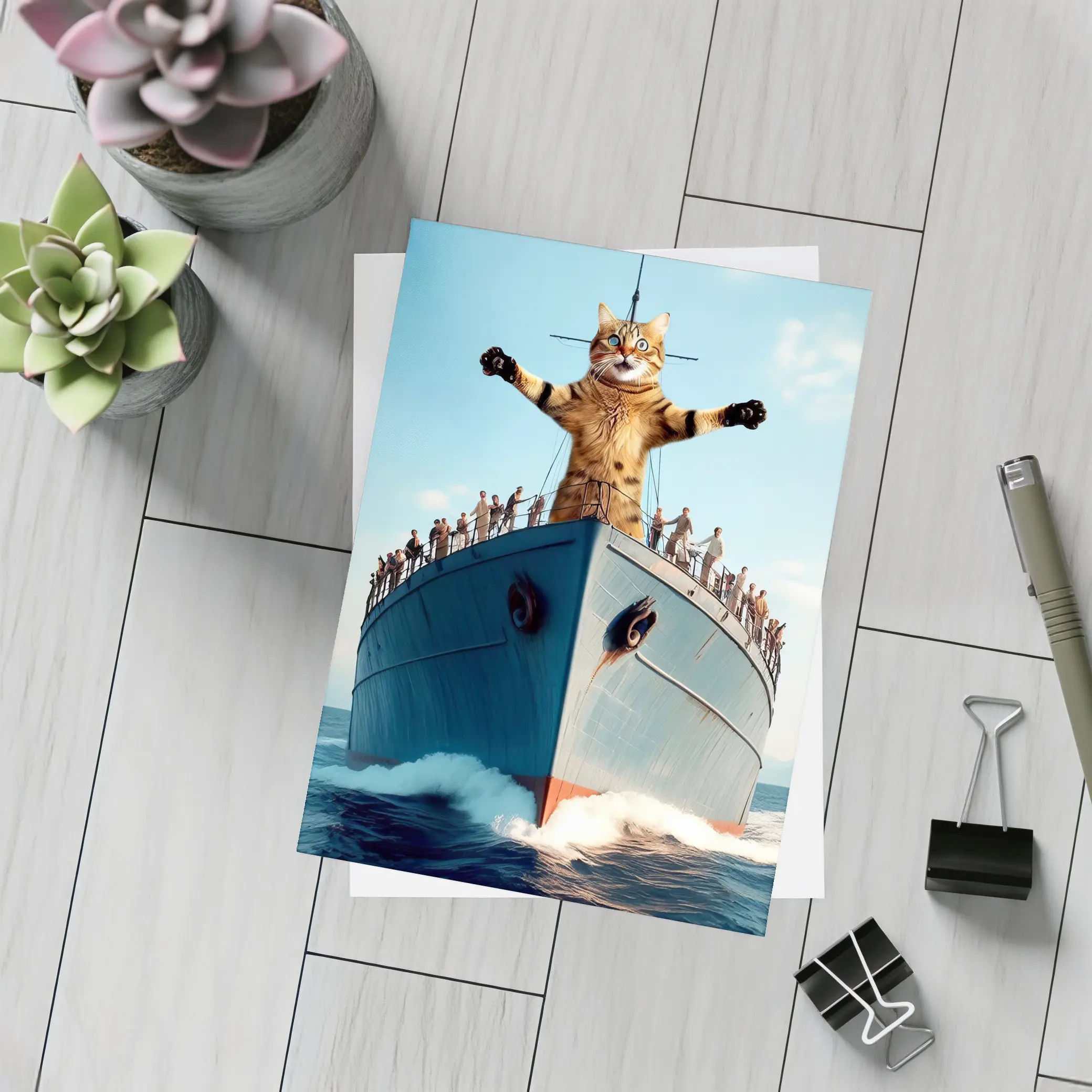 Giant Cat Posing on Ship Bow Ocean – Postcards