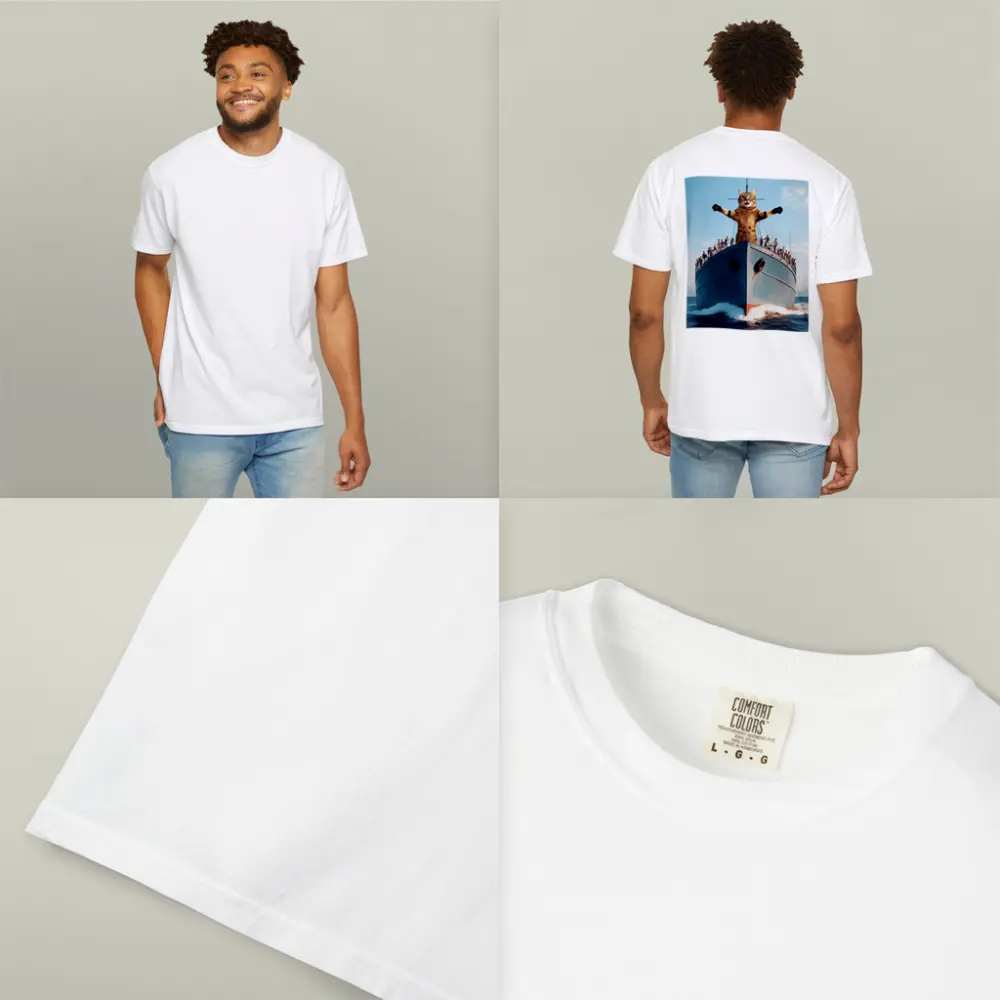 Giant Cat Posing on Ship Bow Ocean – T-Shirts