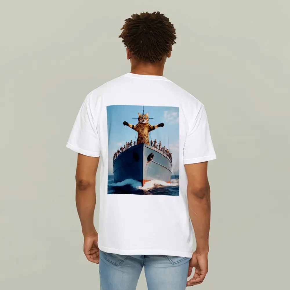 Giant Cat Posing on Ship Bow Ocean – T-Shirts