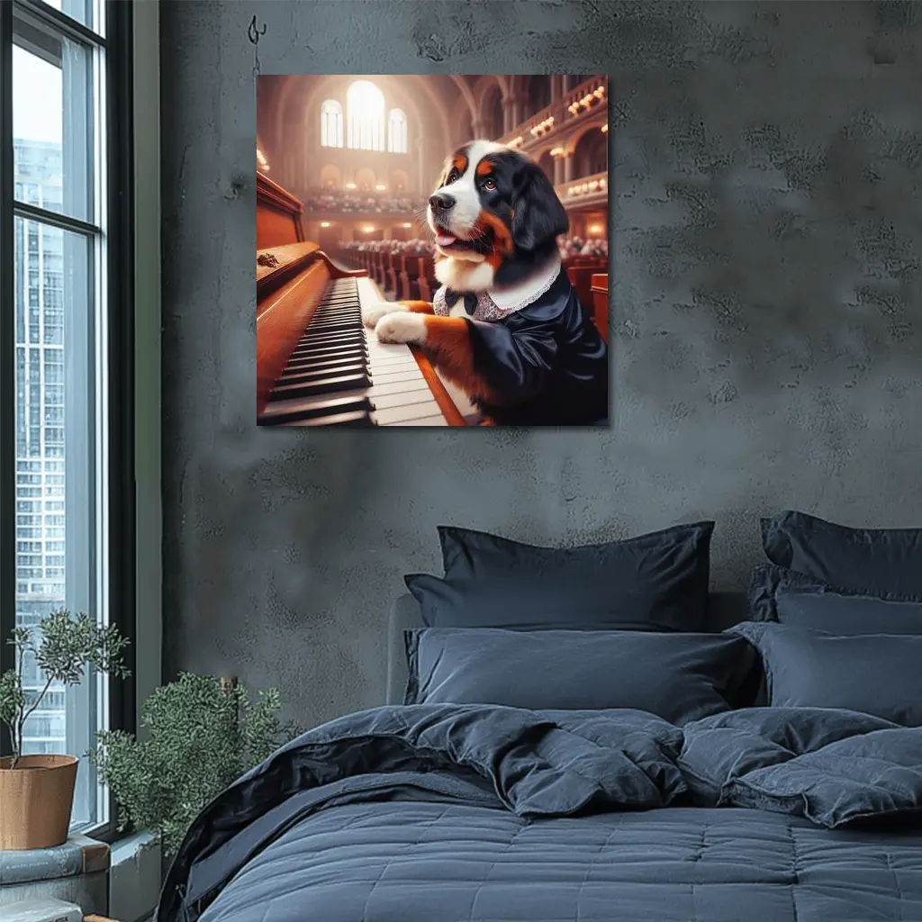 Bernese Mountain Dog Playing Piano Concert Hall – Wall Art