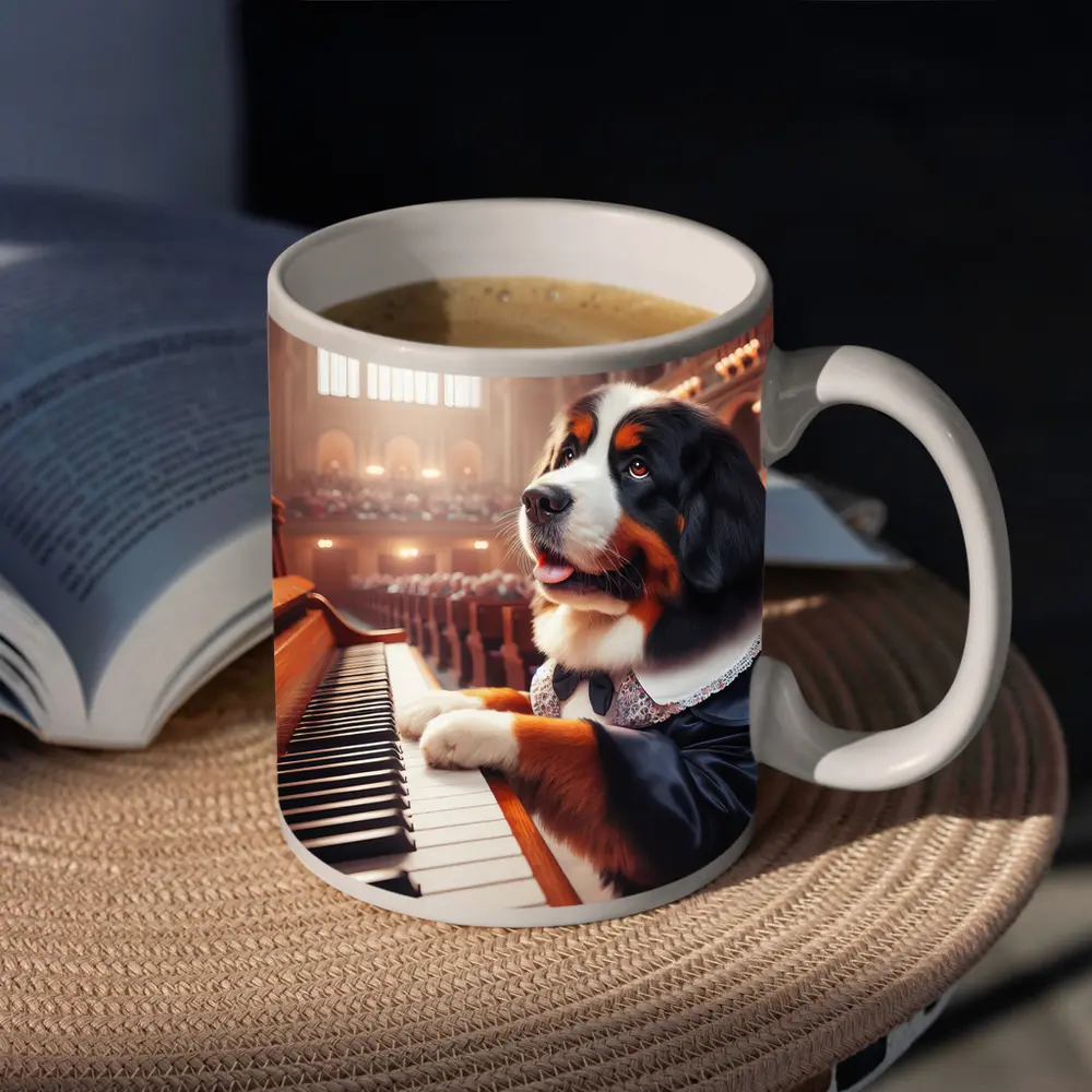 Bernese Mountain Dog Playing Piano Concert Hall – Mugs