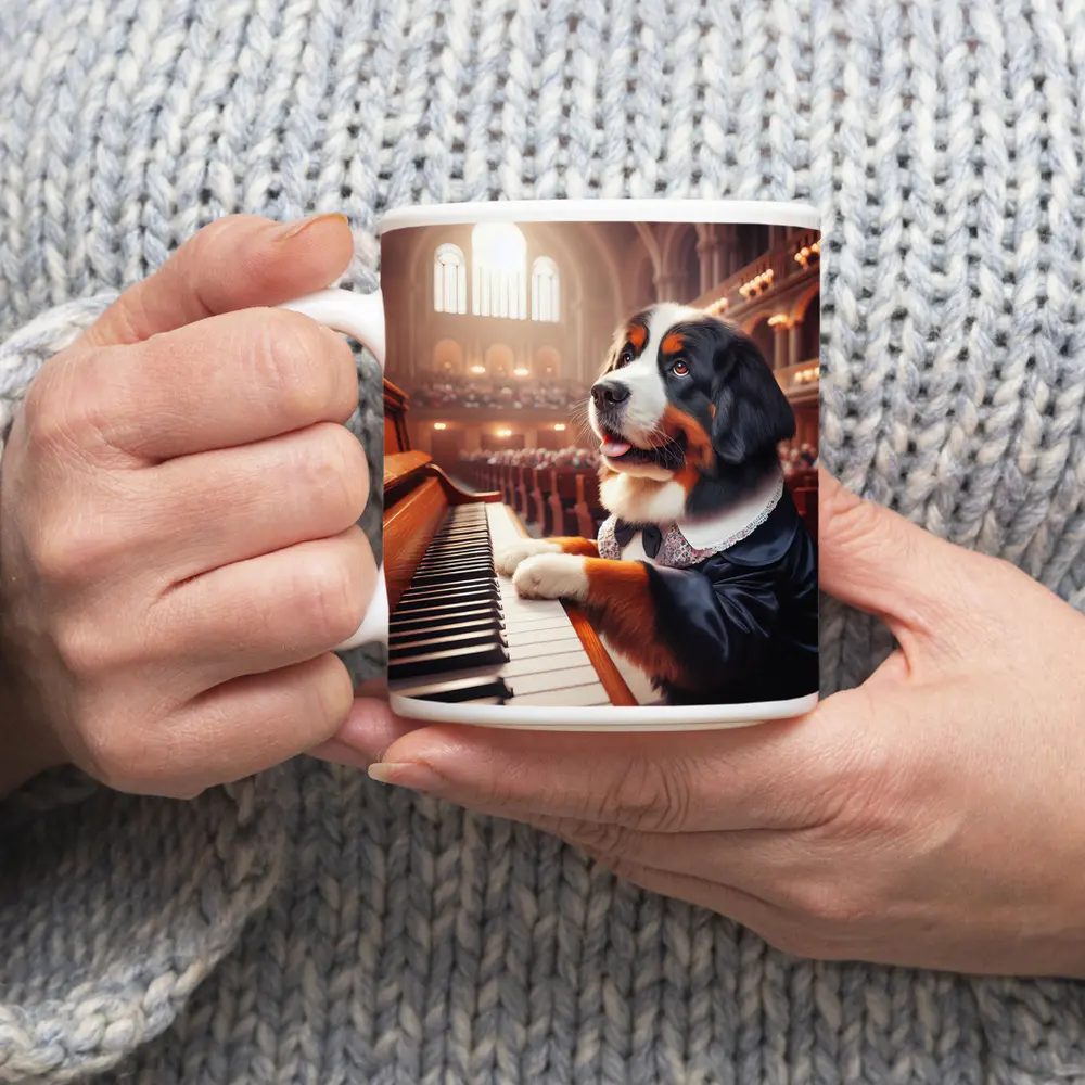 Bernese Mountain Dog Playing Piano Concert Hall – Mugs