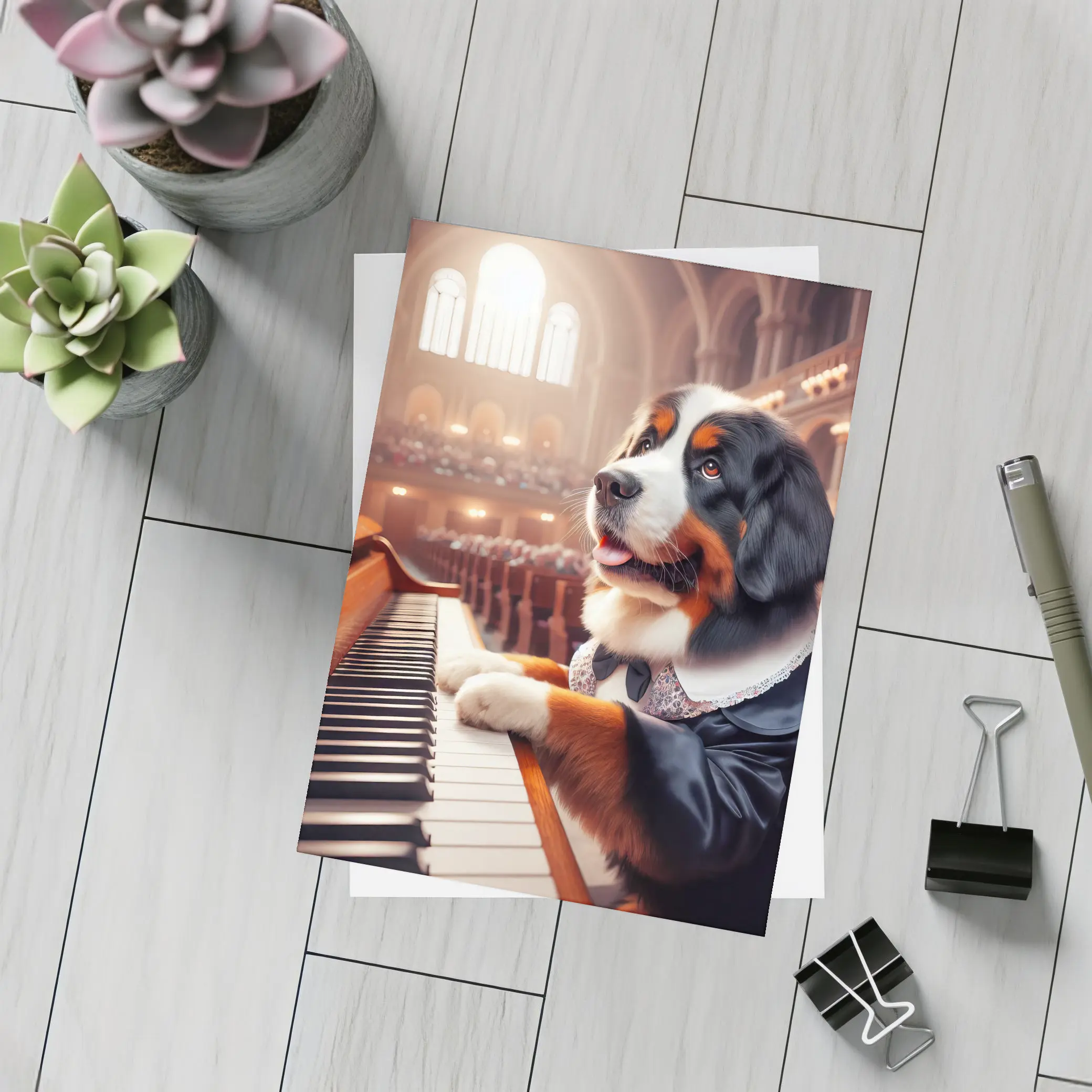 Bernese Mountain Dog Playing Piano Concert Hall – Postcards