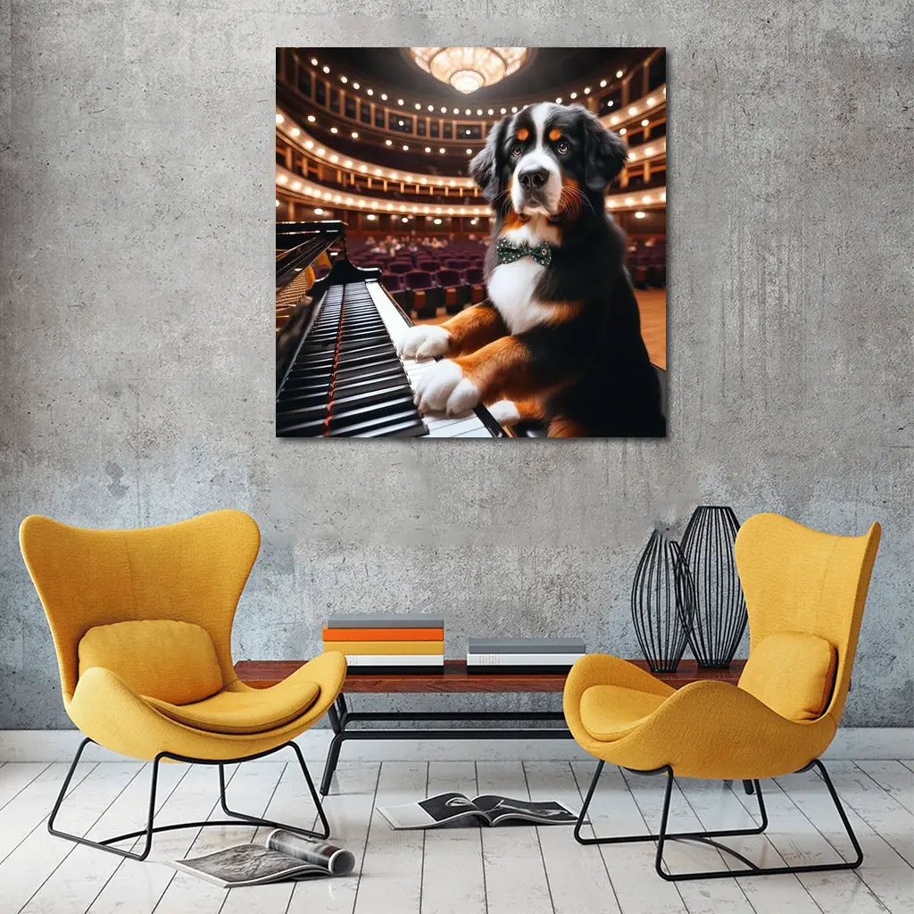 Bernese Mountain Dog Playing Piano Concert Hall – Wall Art