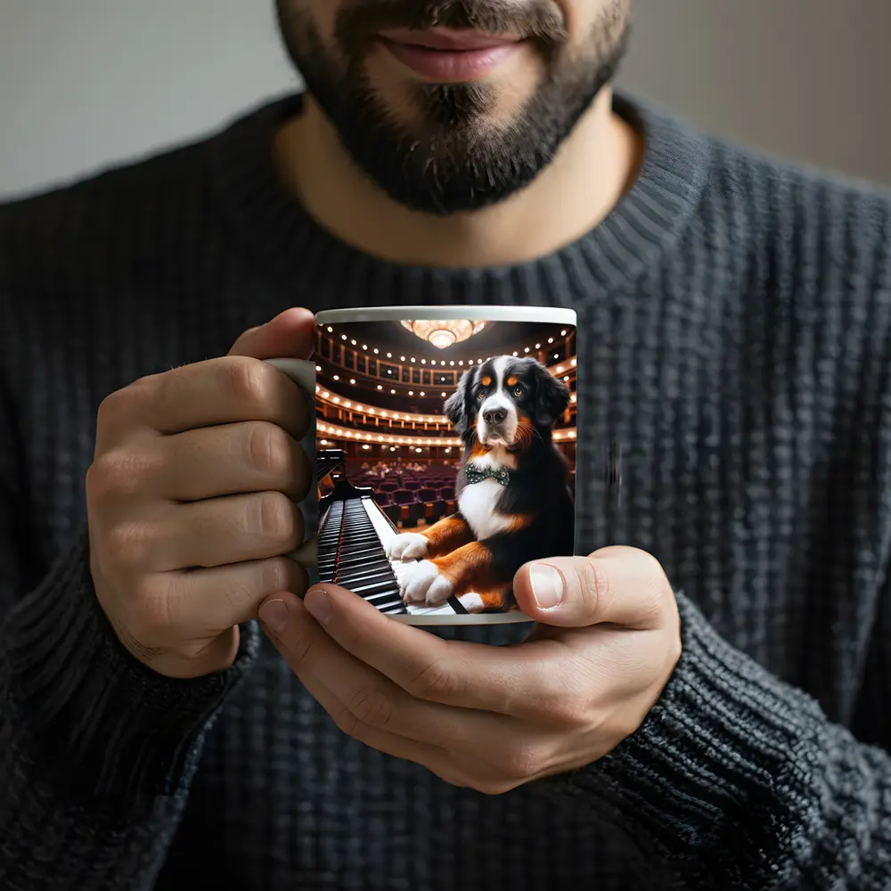 Bernese Mountain Dog Playing Piano Concert Hall – Mugs