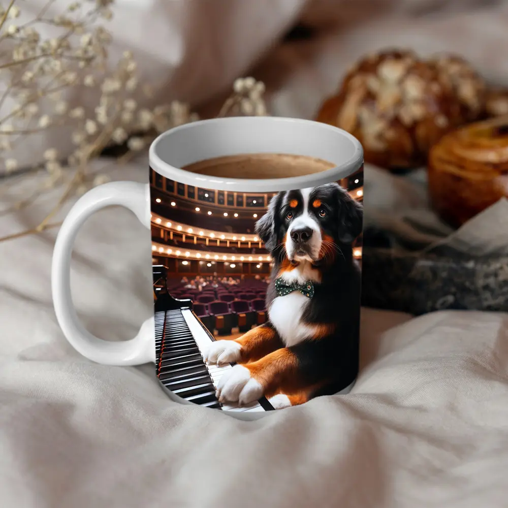 Bernese Mountain Dog Playing Piano Concert Hall – Mugs