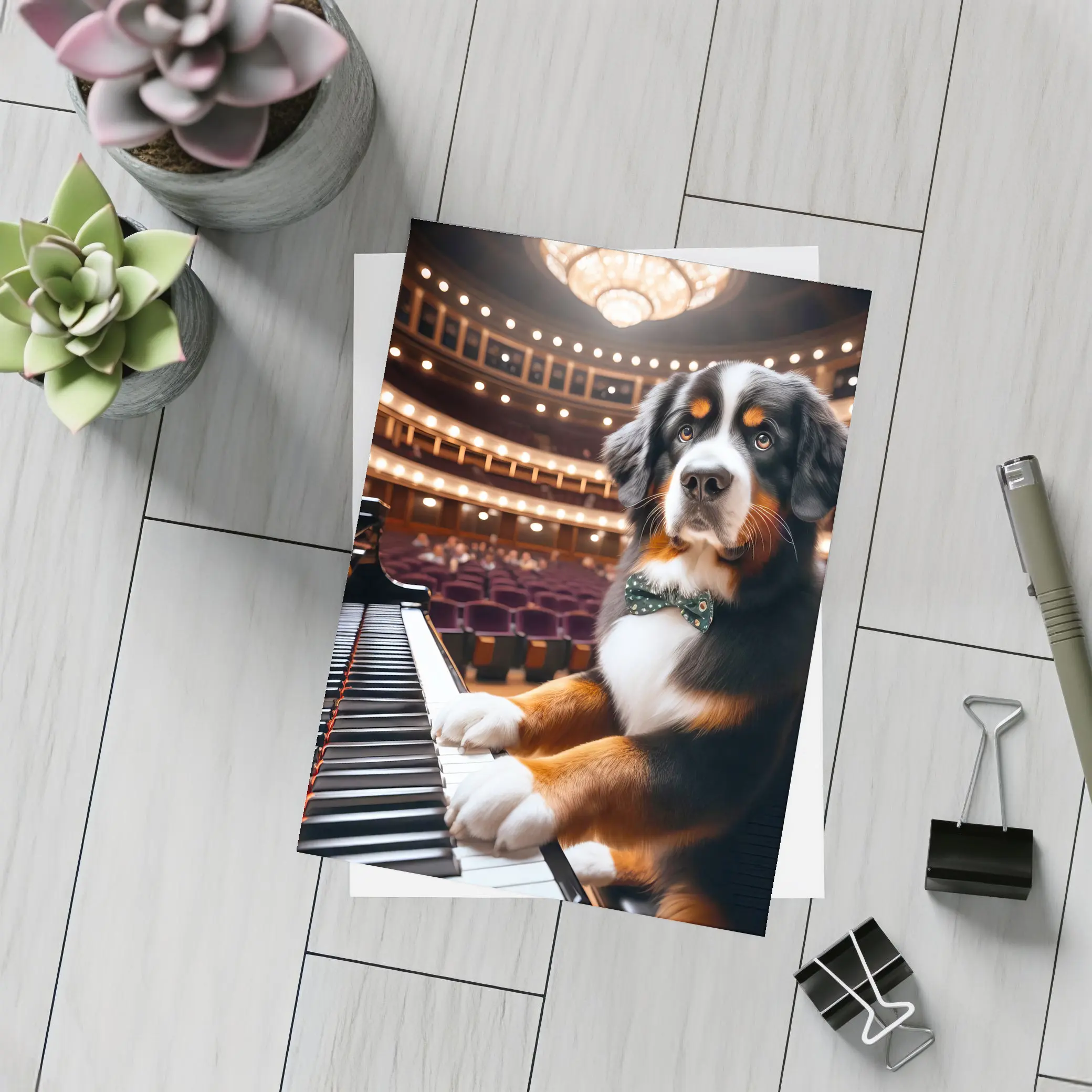 Bernese Mountain Dog Playing Piano Concert Hall – Postcards