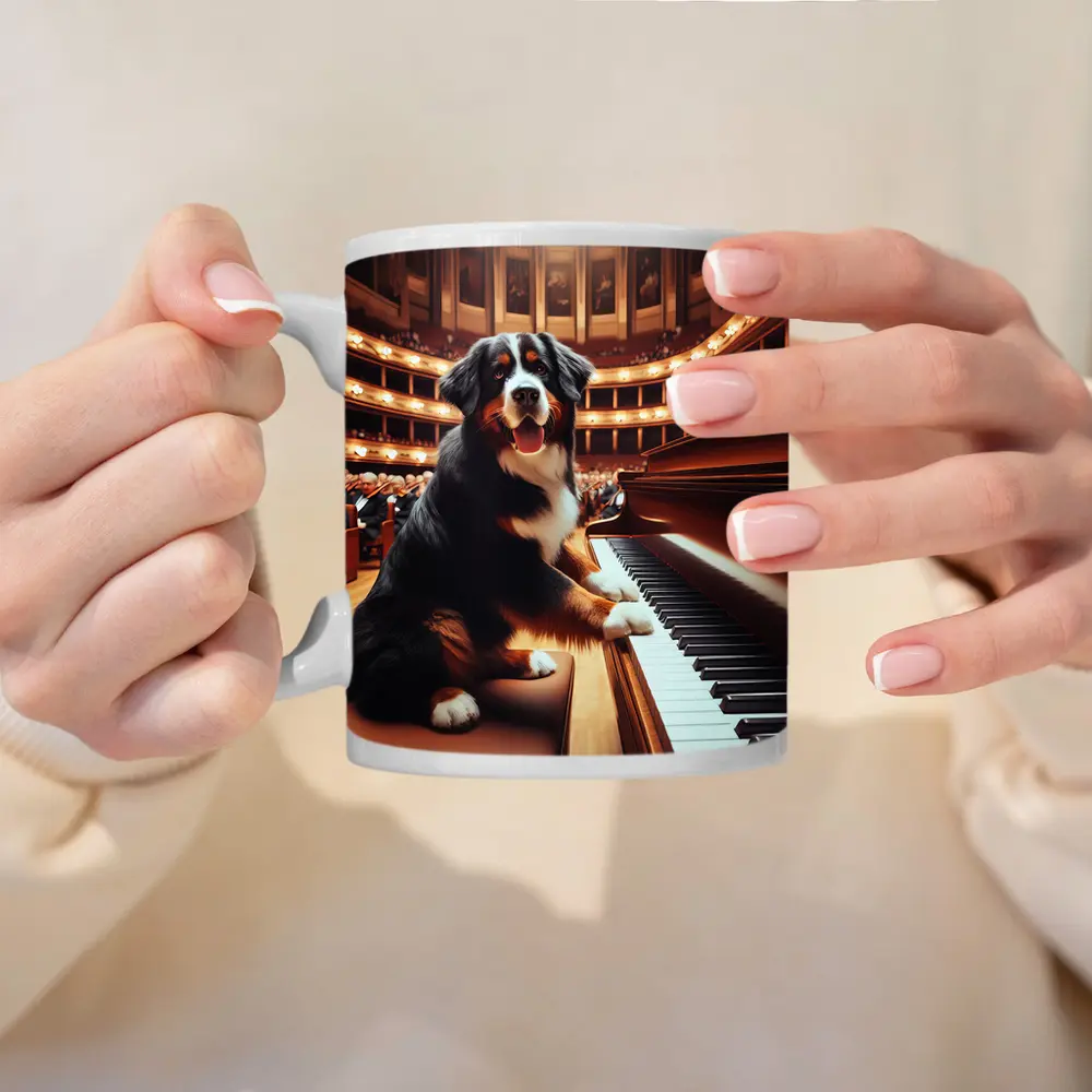 Bernese Mountain Dog Playing Piano Concert Hall – Mugs