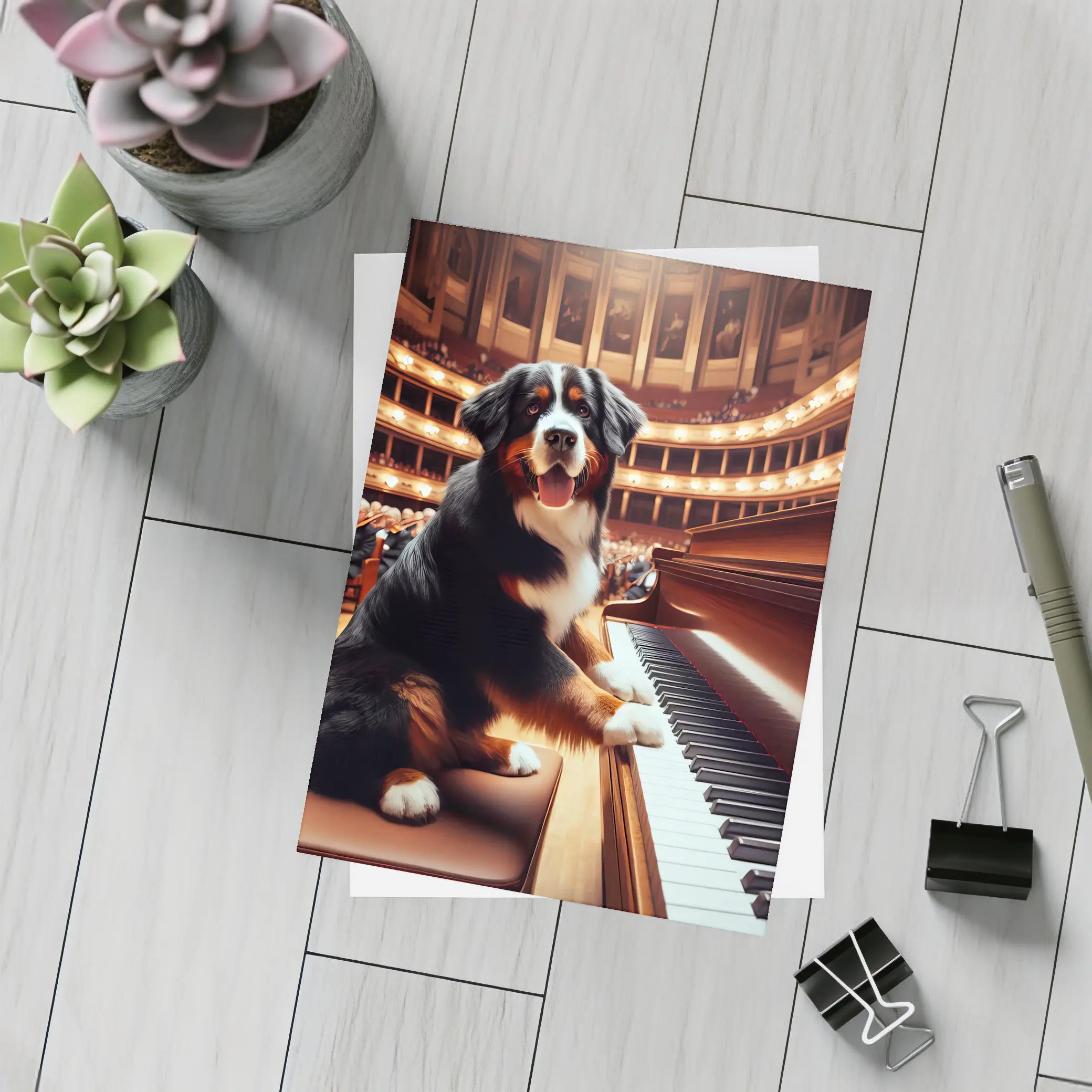 Bernese Mountain Dog Playing Piano Concert Hall – Postcards
