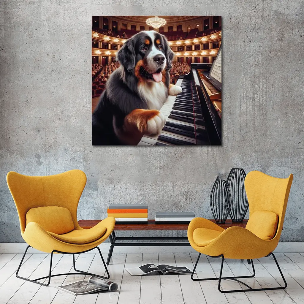Bernese Mountain Dog Playing Piano Concert Hall – Wall Art