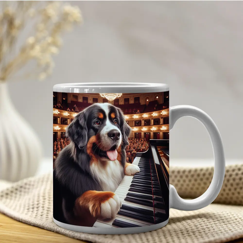 Bernese Mountain Dog Playing Piano Concert Hall – Mugs