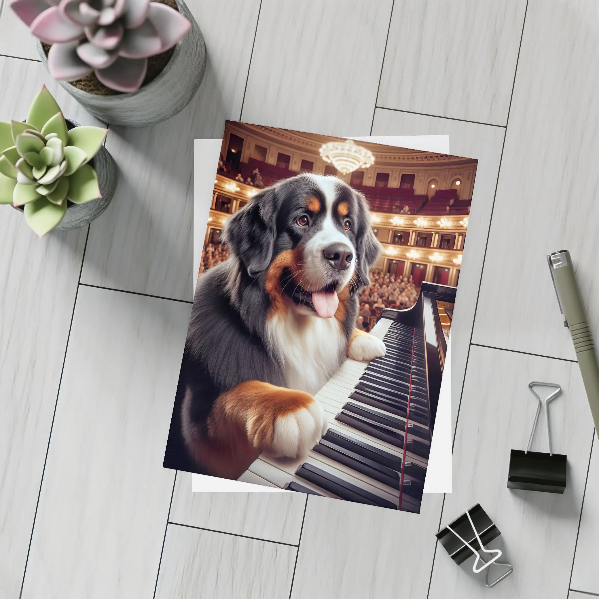 Bernese Mountain Dog Playing Piano Concert Hall – Postcards