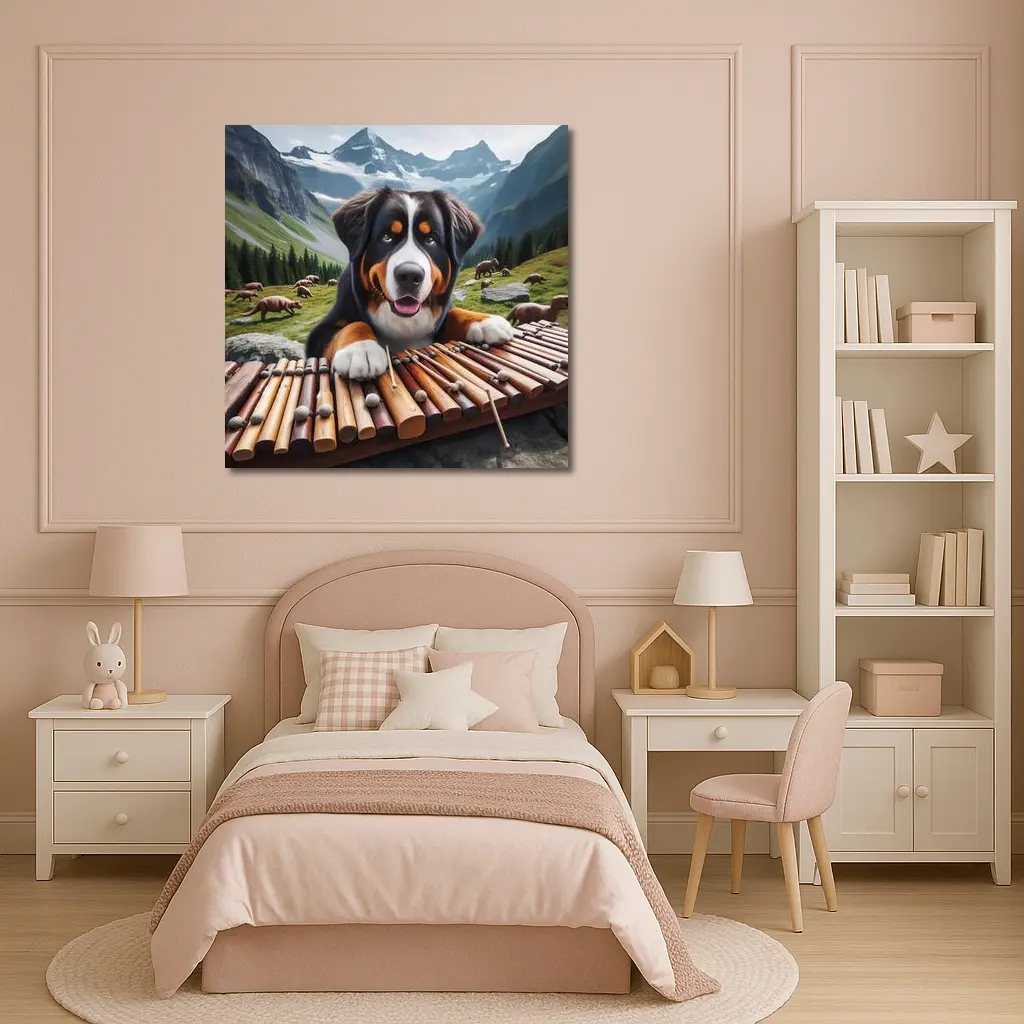 Bernese Mountain Dog Playing Xylophone Alpine – Wall Art
