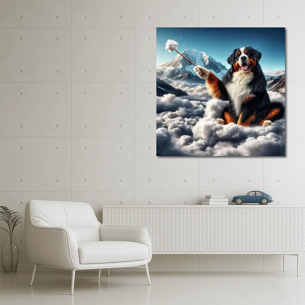 Bernese Mountain Dog Sitting On Clouds – Wall Art