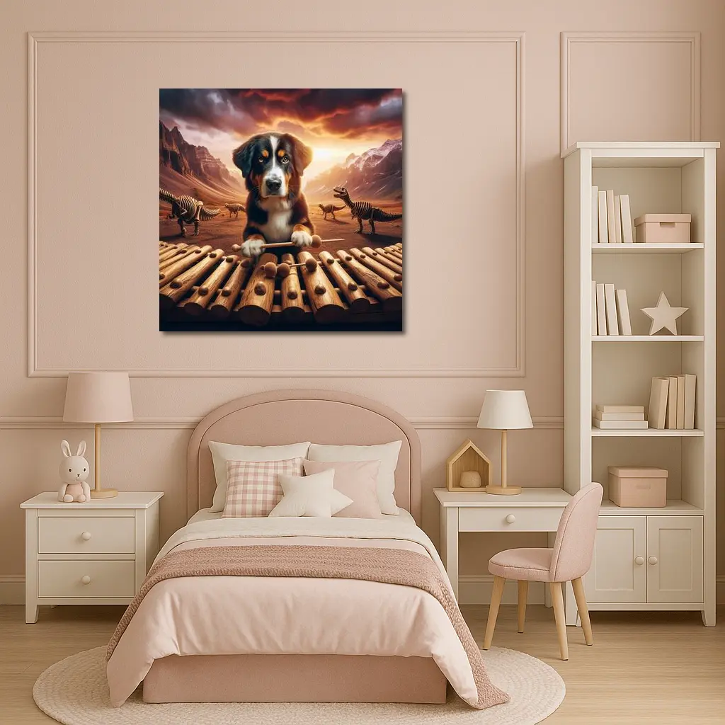 Bernese Mountain Dog Playing Xylophone Dinosaur Landscape – Wall Art
