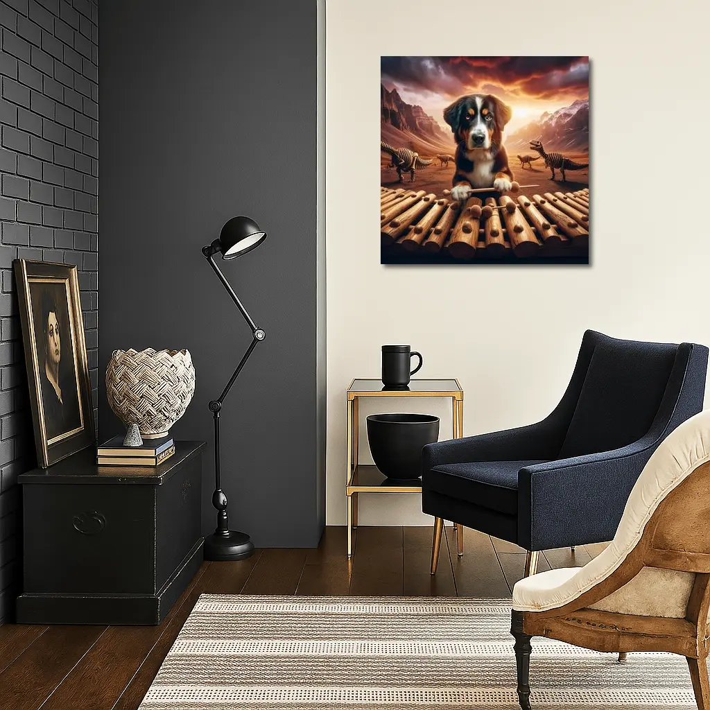 Bernese Mountain Dog Playing Xylophone Dinosaur Landscape – Wall Art