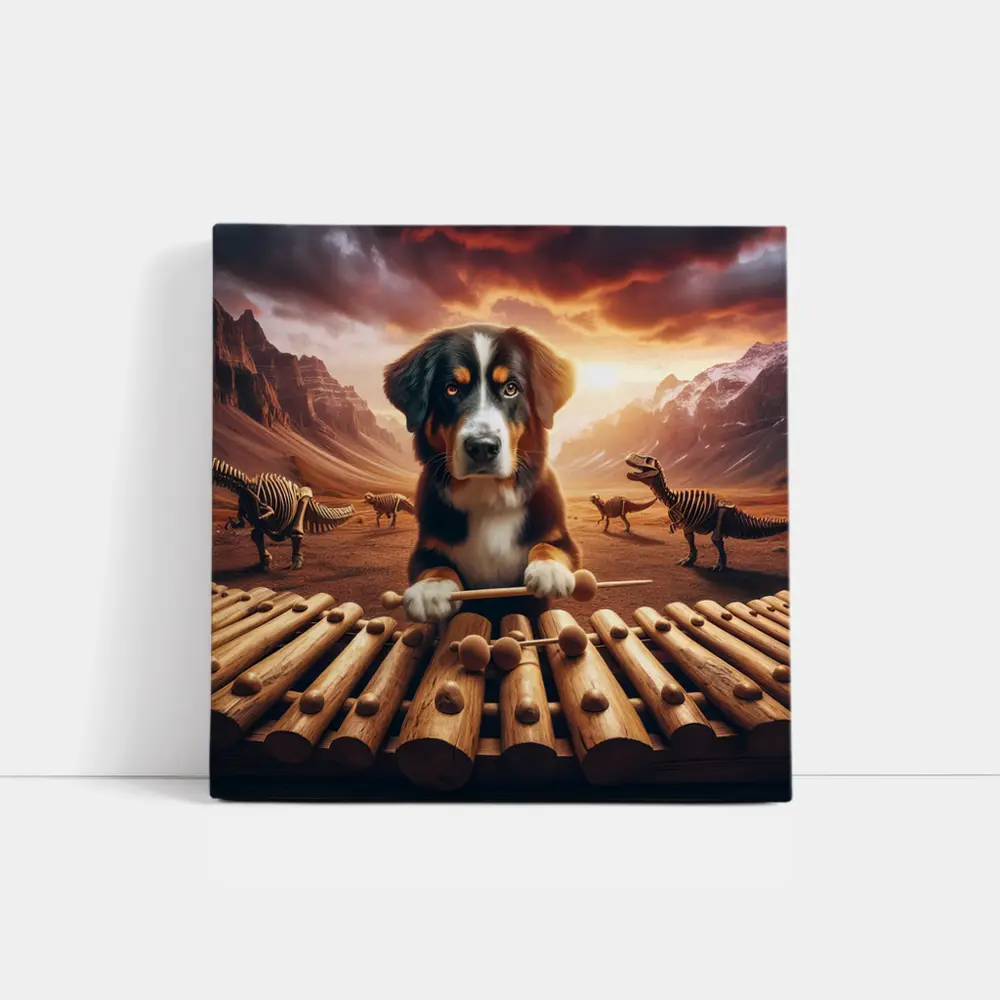 Bernese Mountain Dog Playing Xylophone Dinosaur Landscape – Wall Art