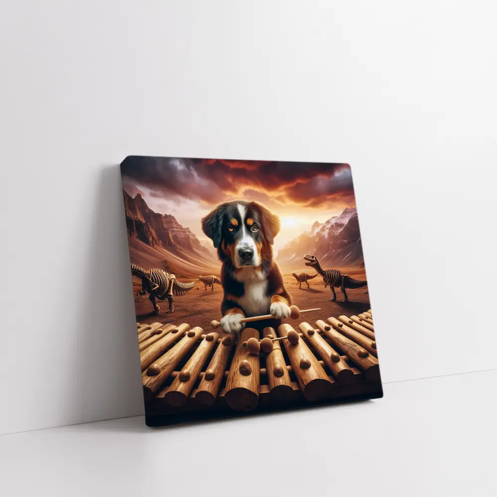 Bernese Mountain Dog Playing Xylophone Dinosaur Landscape – Wall Art