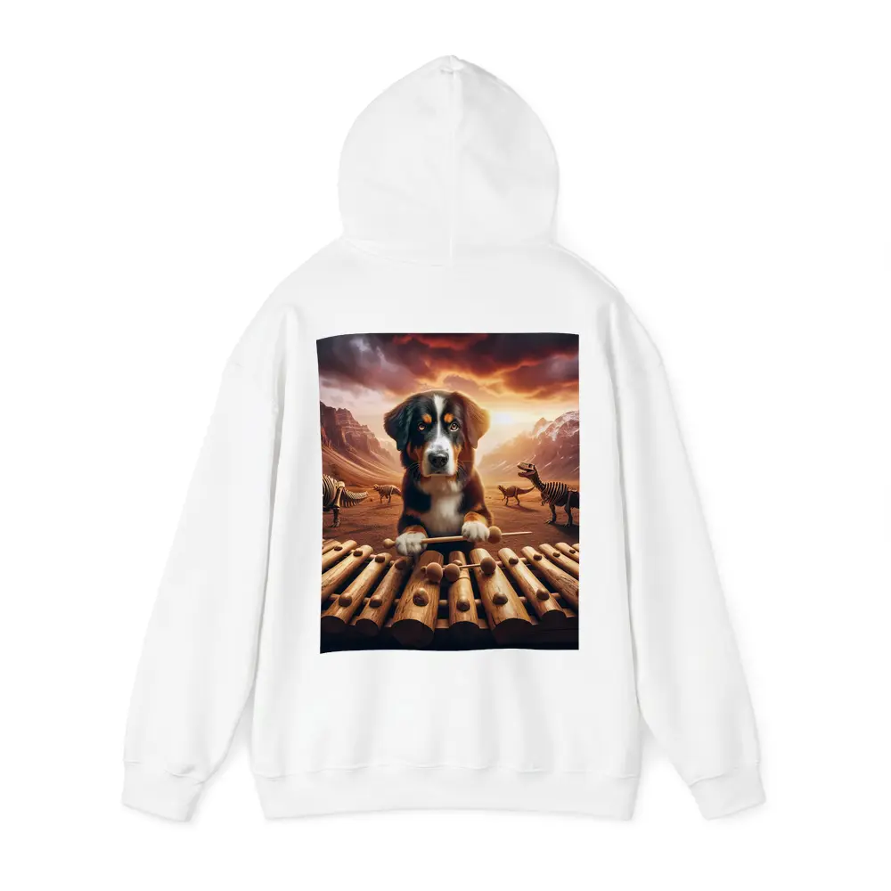 Bernese Mountain Dog Playing Xylophone Dinosaur Landscape – Hoodies