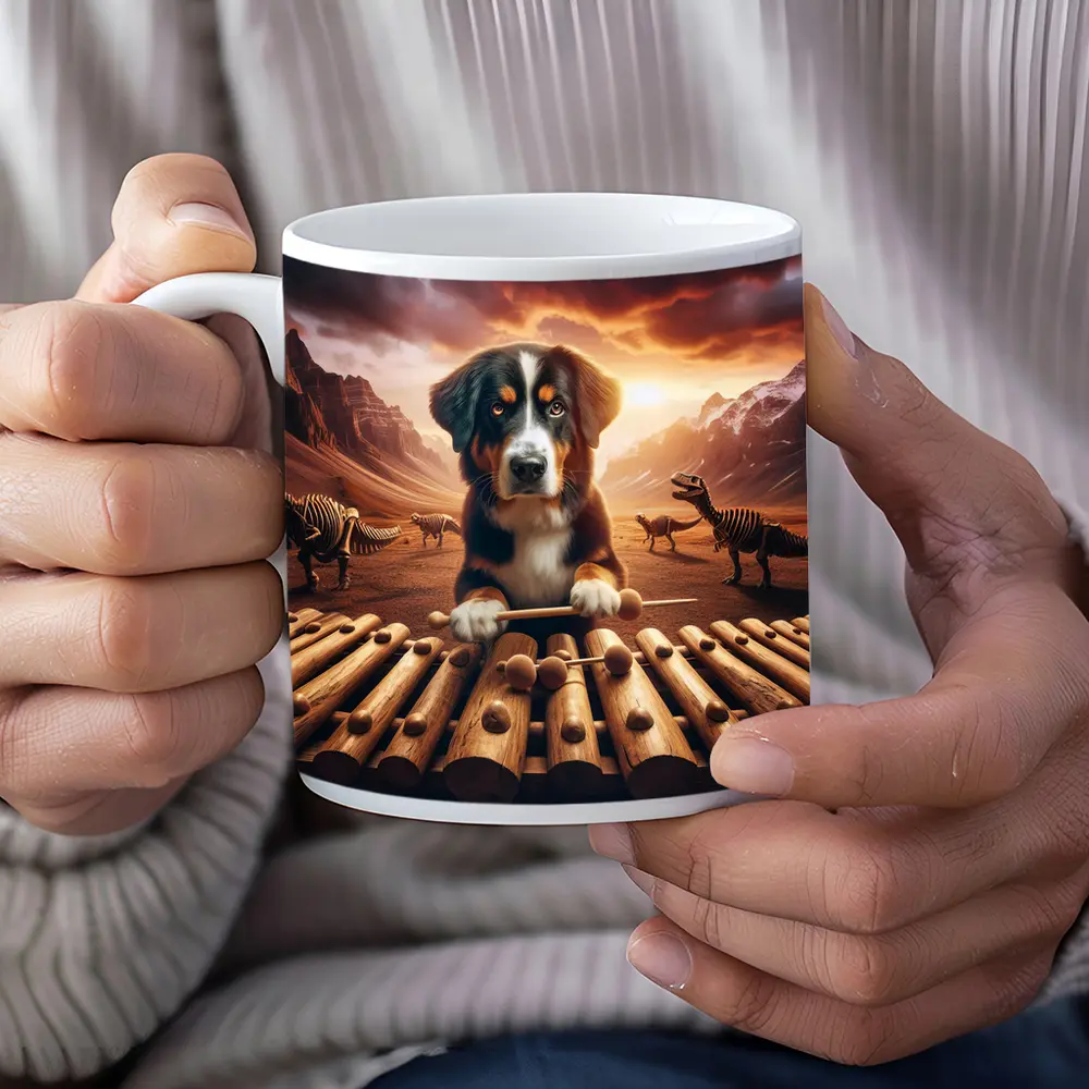 Bernese Mountain Dog Playing Xylophone Dinosaur Landscape – Mugs