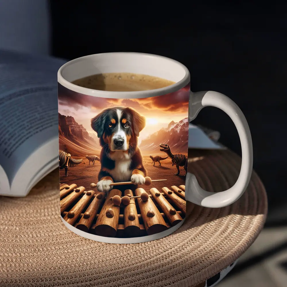 Bernese Mountain Dog Playing Xylophone Dinosaur Landscape – Mugs
