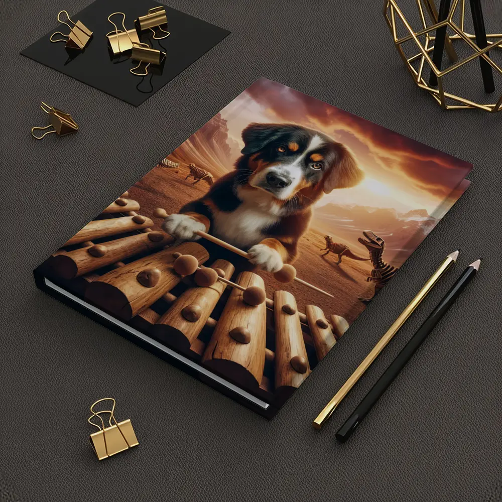 Bernese Mountain Dog Playing Xylophone Dinosaur Landscape – Notebooks