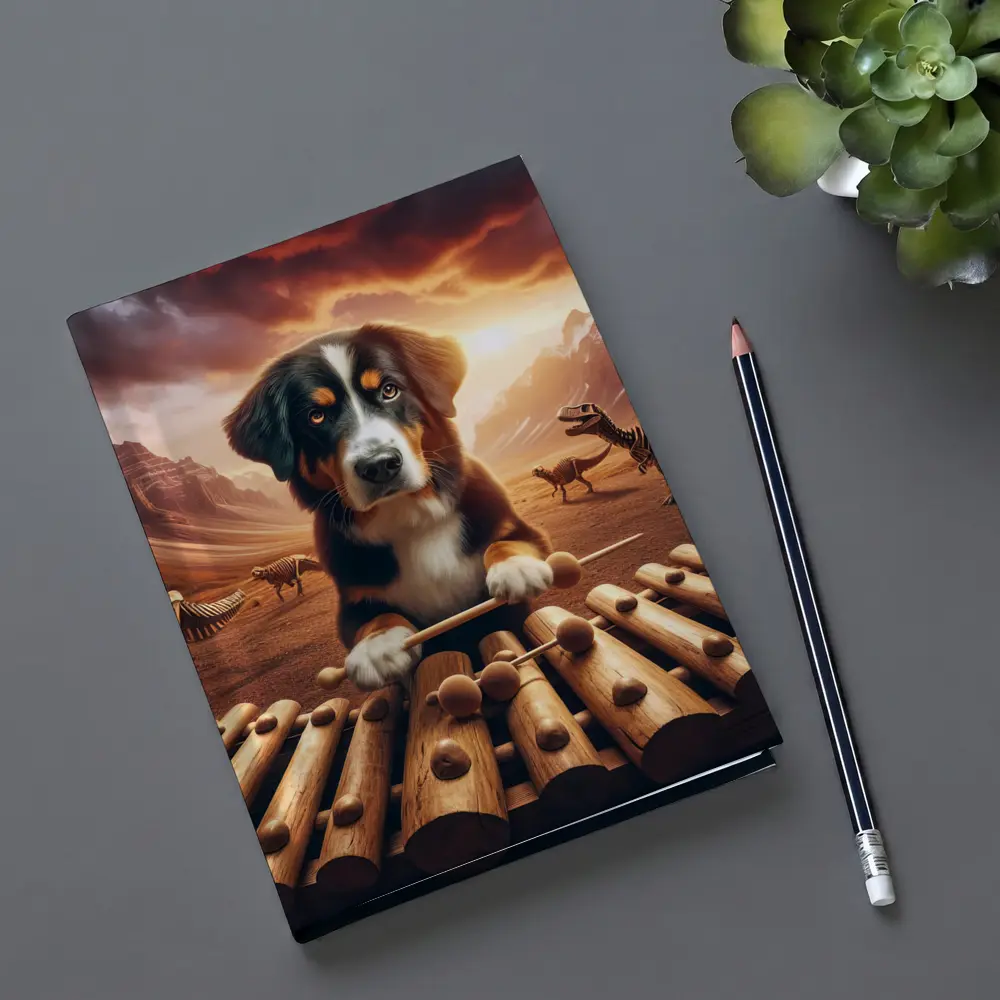 Bernese Mountain Dog Playing Xylophone Dinosaur Landscape – Notebooks