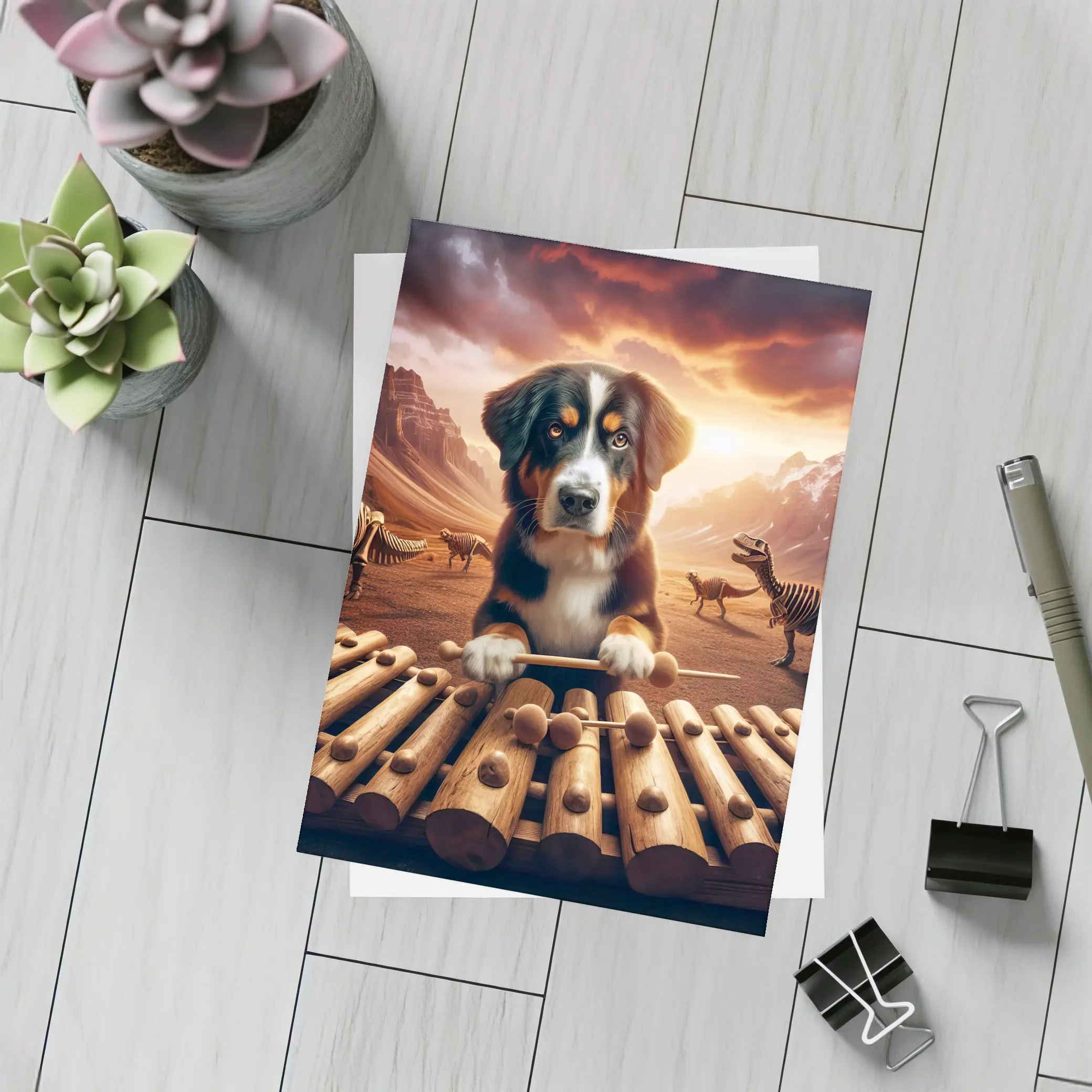 Bernese Mountain Dog Playing Xylophone Dinosaur Landscape – Postcards