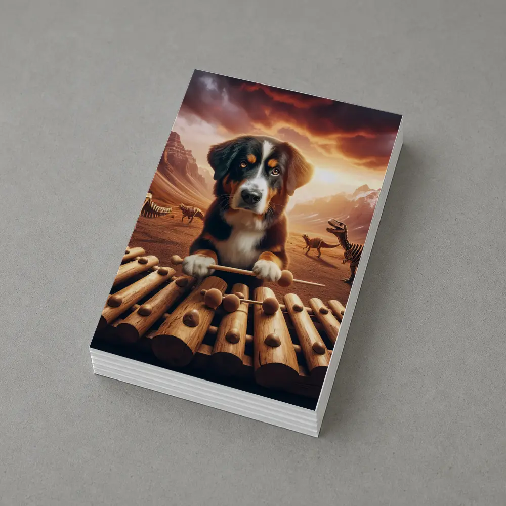 Bernese Mountain Dog Playing Xylophone Dinosaur Landscape – Postcards