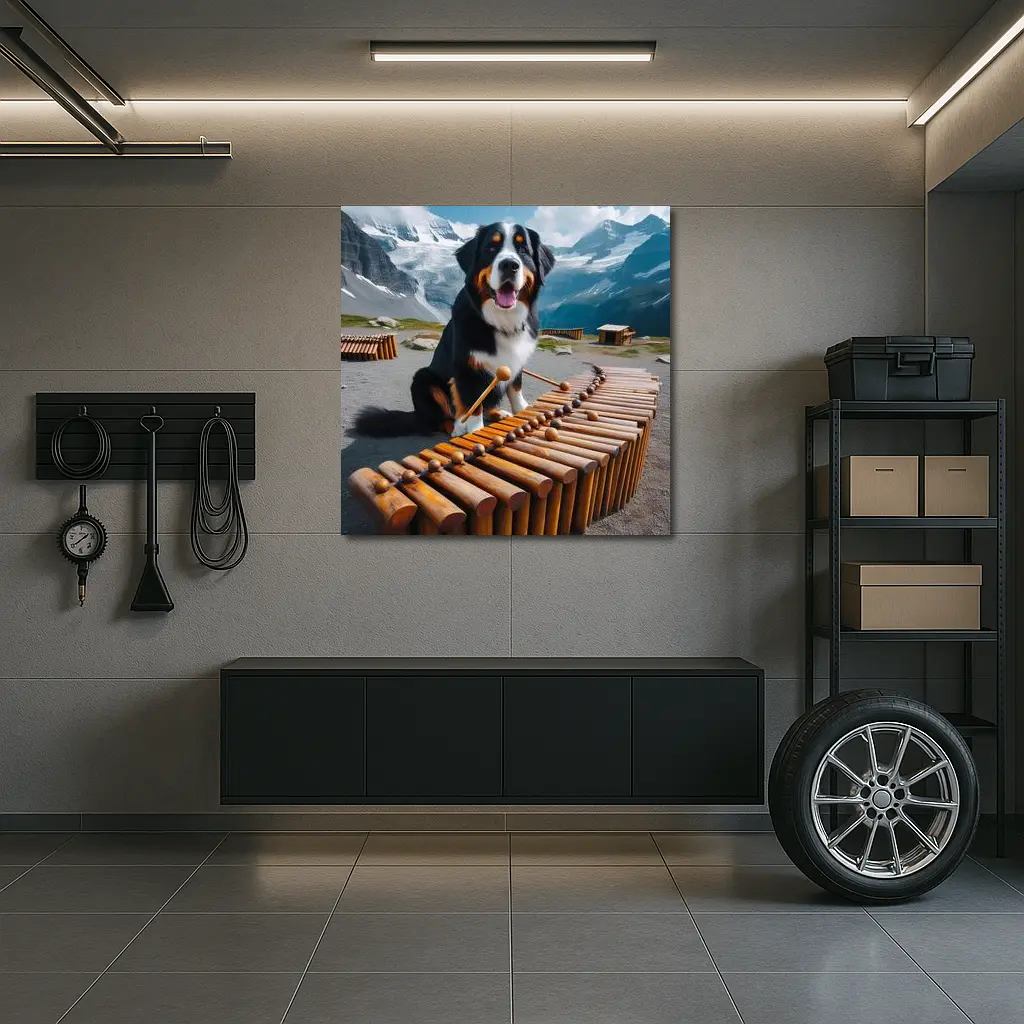 Bernese Mountain Dog Playing Marimba Alpine Background – Wall Art