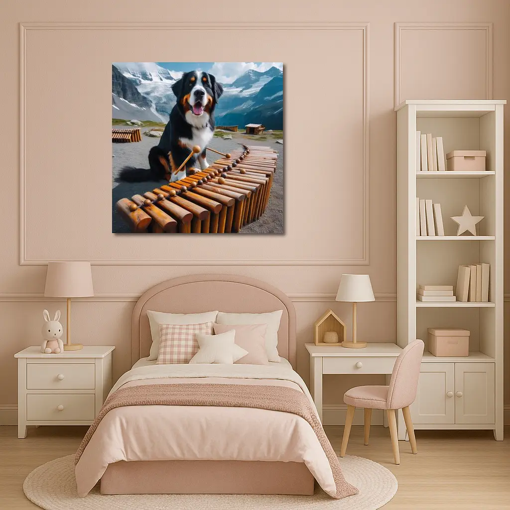 Bernese Mountain Dog Playing Marimba Alpine Background – Wall Art