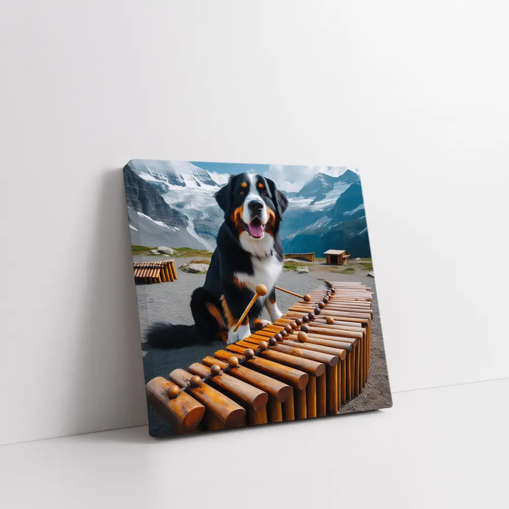 Bernese Mountain Dog Playing Marimba Alpine Background – Wall Art