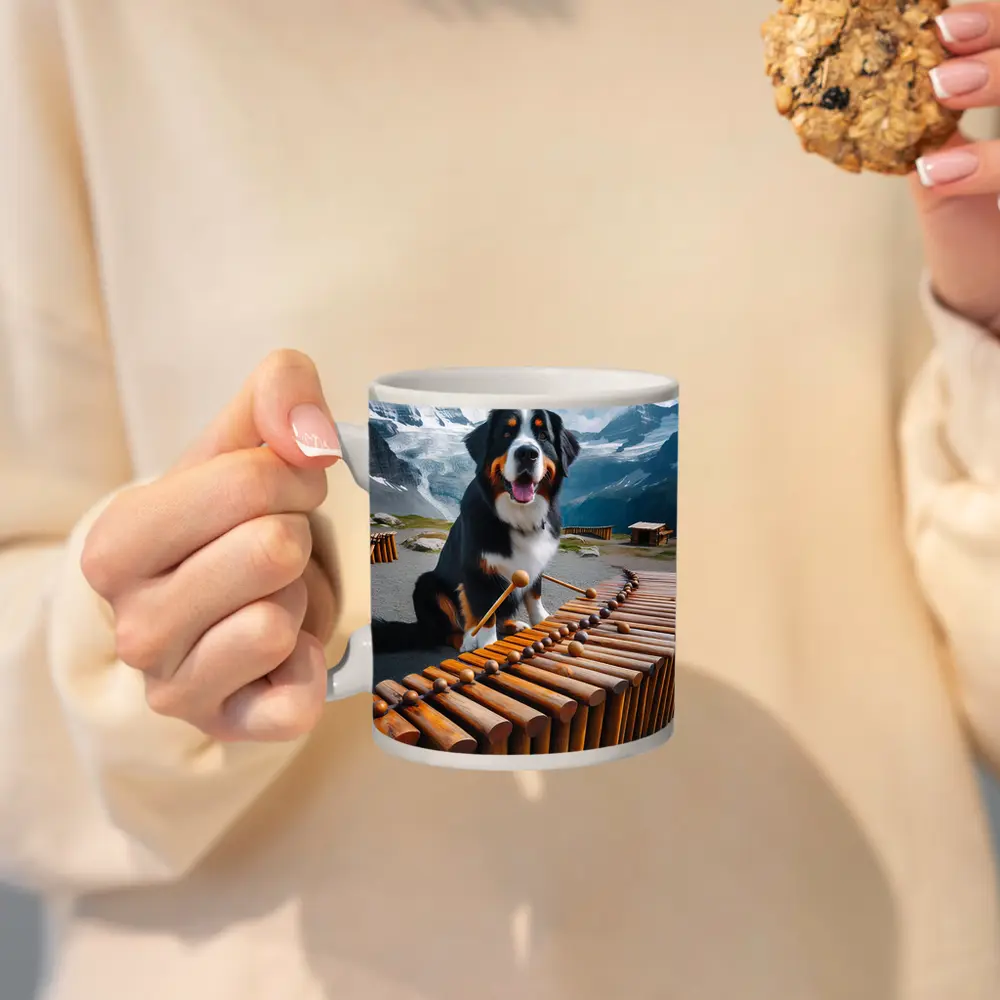 Bernese Mountain Dog Playing Marimba Alpine Background – Mugs