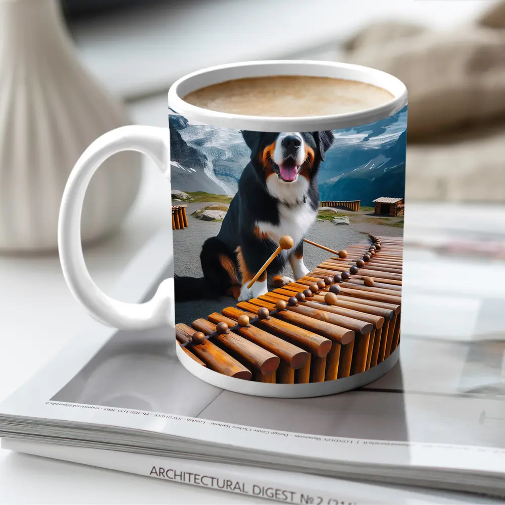 Bernese Mountain Dog Playing Marimba Alpine Background – Mugs
