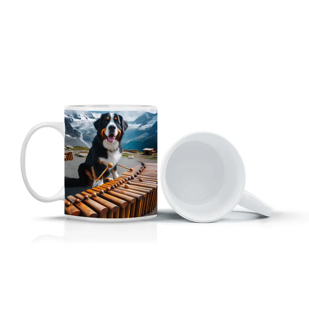 Bernese Mountain Dog Playing Marimba Alpine Background – Mugs