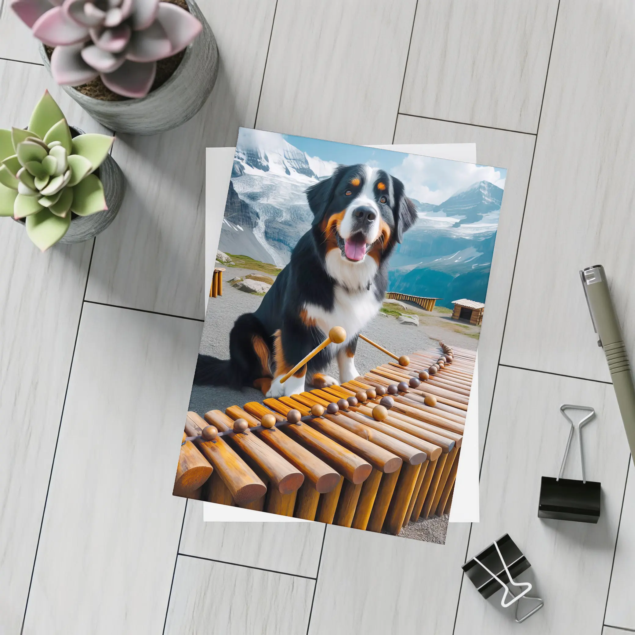 Bernese Mountain Dog Playing Marimba Alpine Background – Postcards