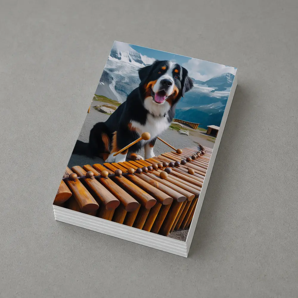 Bernese Mountain Dog Playing Marimba Alpine Background – Postcards