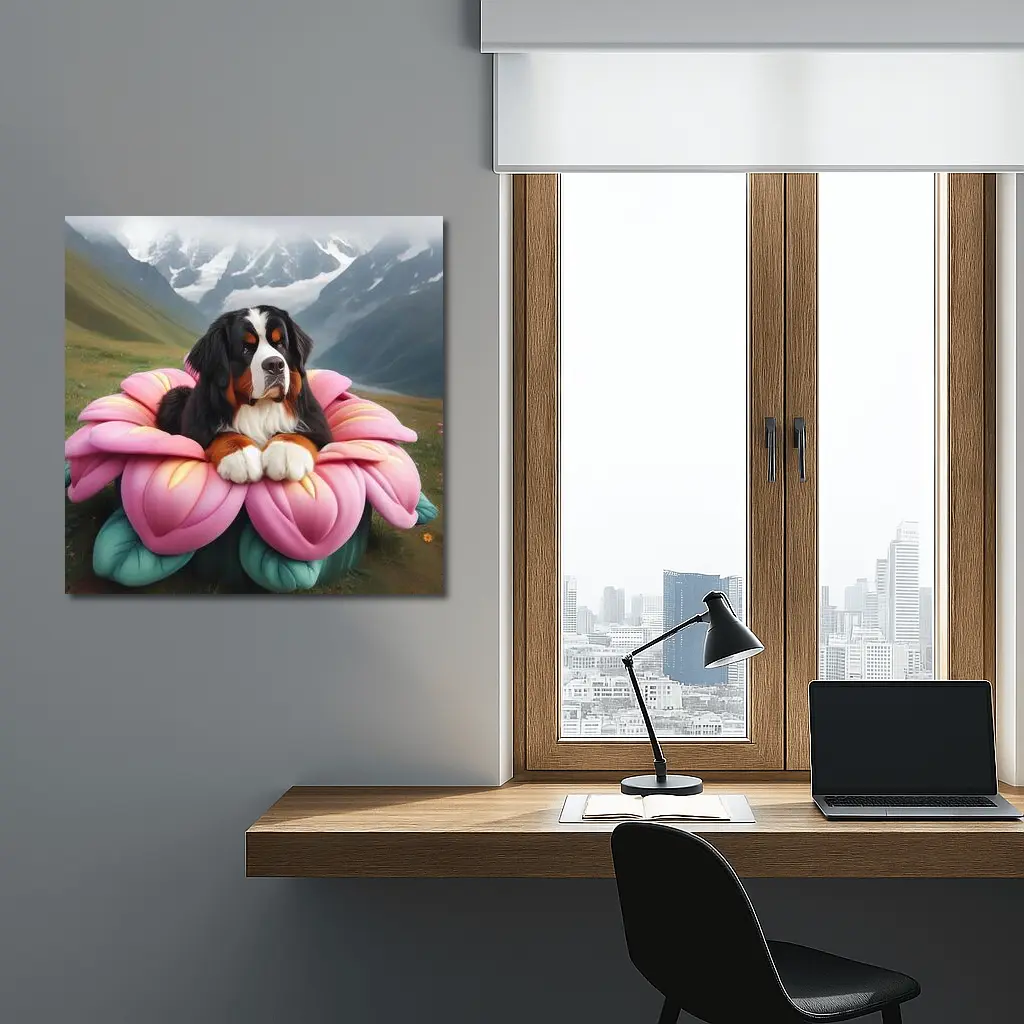 Bernese Mountain Dog Pink Flower Alpine Valley – Wall Art